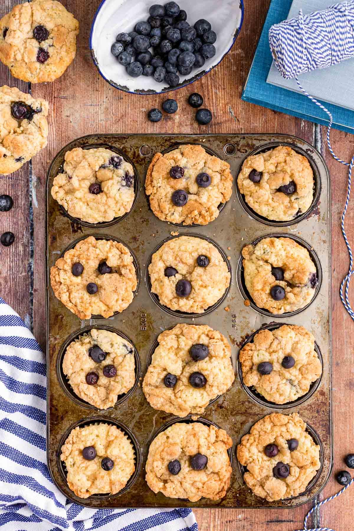 overhead shot of blueberry muffin top cookies cooling on a wire rack