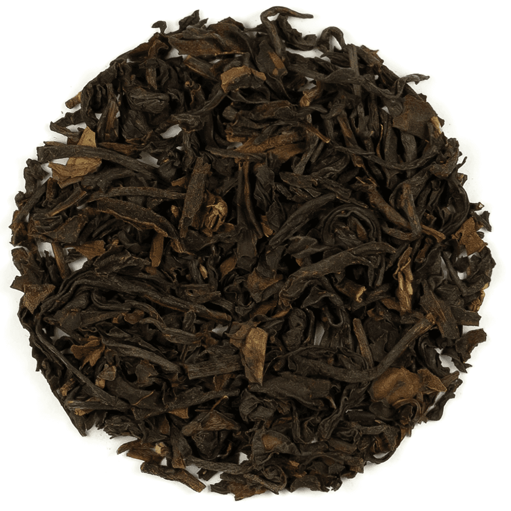 close-up of Russian Caravan tea leaves with visible smokiness