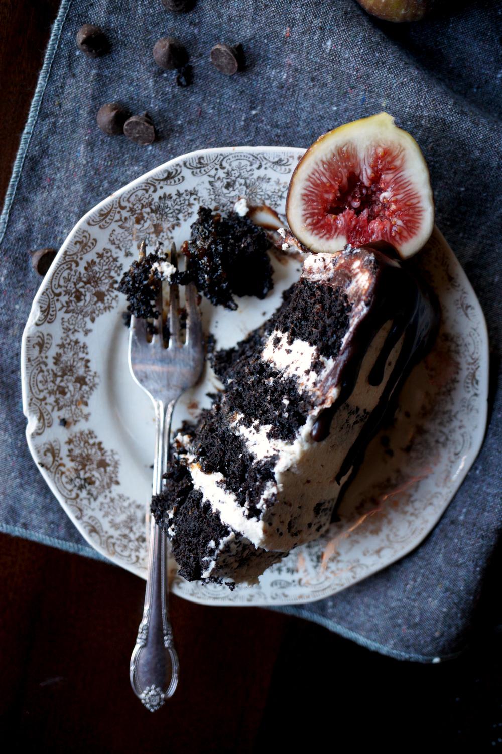 Close-up shot of a slice of Fig Balsamic Chocolate Mediterranean Cake showing the texture and layers