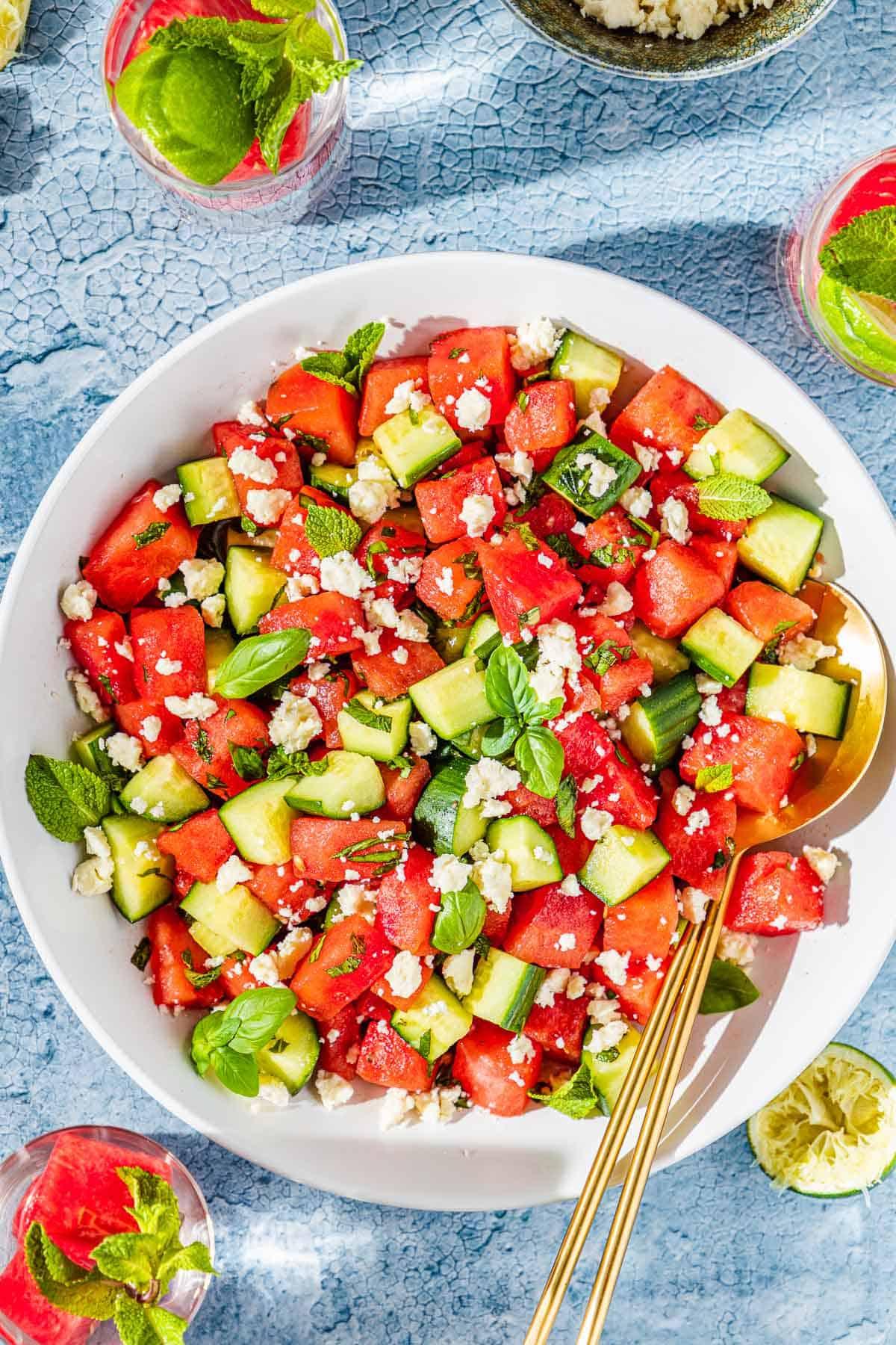 overhead view of a large bowl of watermelon feta salad