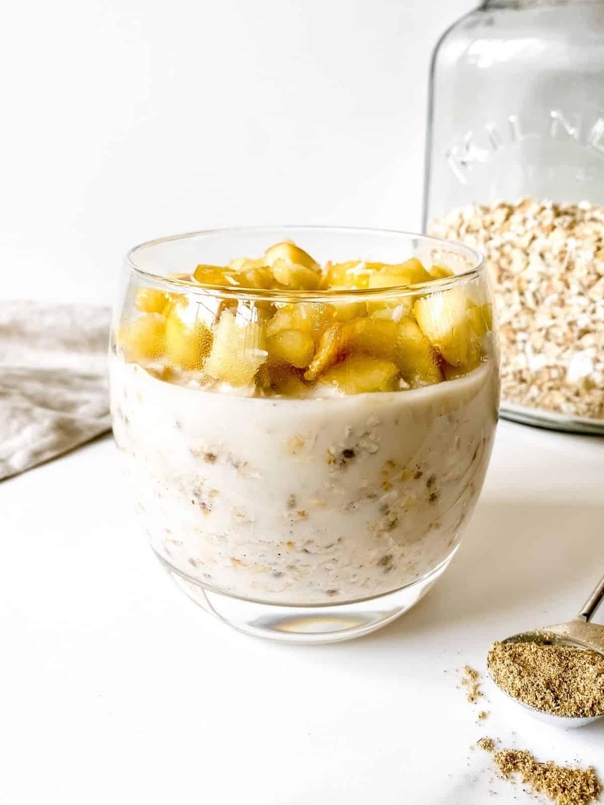 cardamom pear overnight oats in a glass jar
