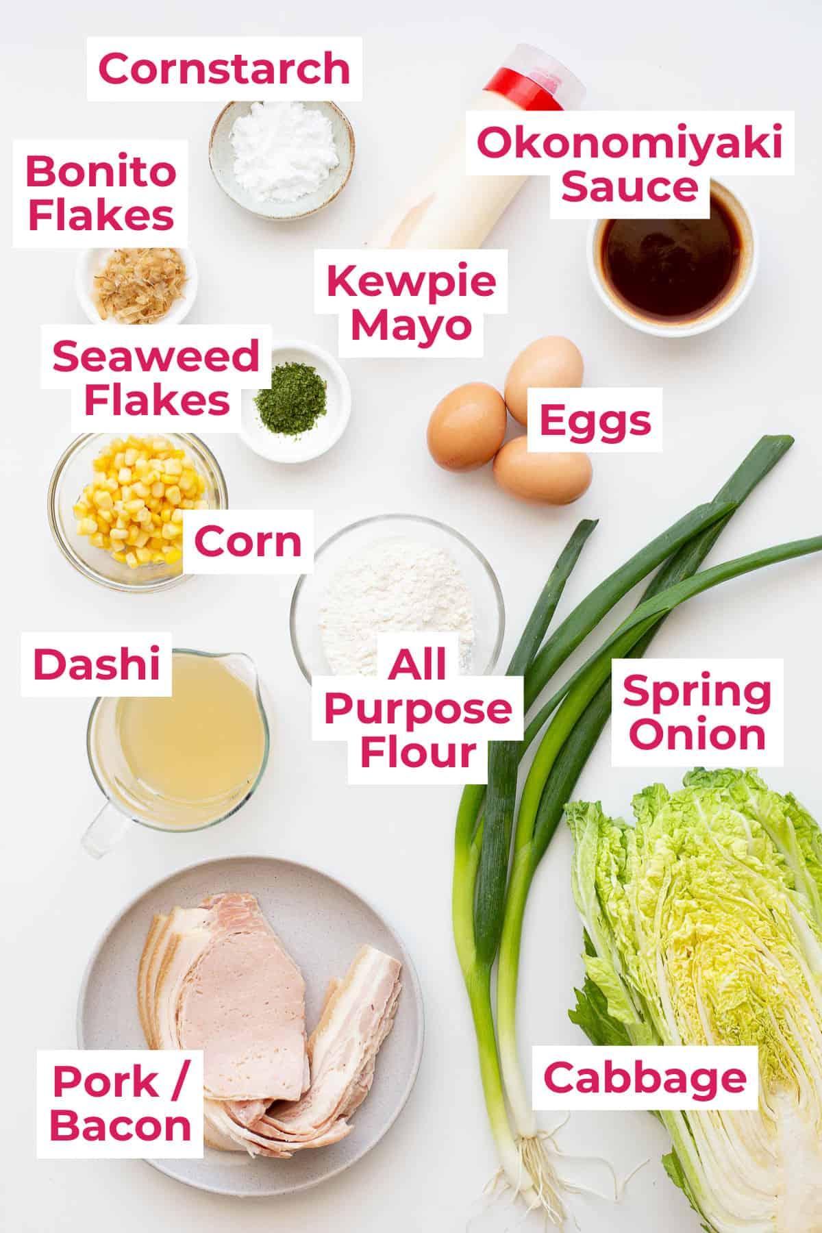 Ingredients for okonomiyaki fried rice laid out on a kitchen counter