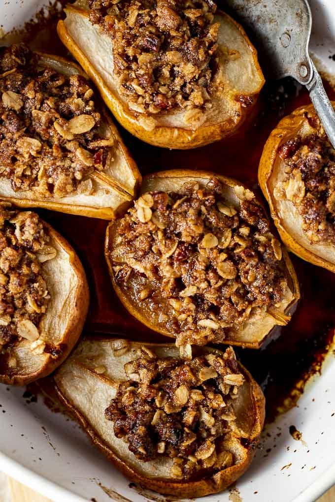 close-up of baked oat bran pear crisp