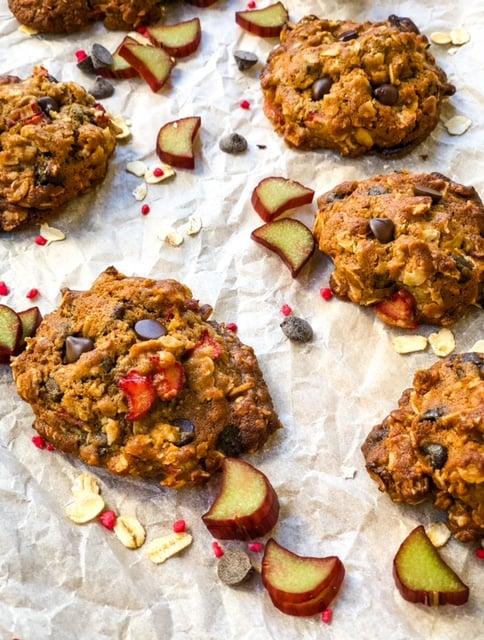 close up of a freshly baked rhubarb chocolate hazelnut cookie