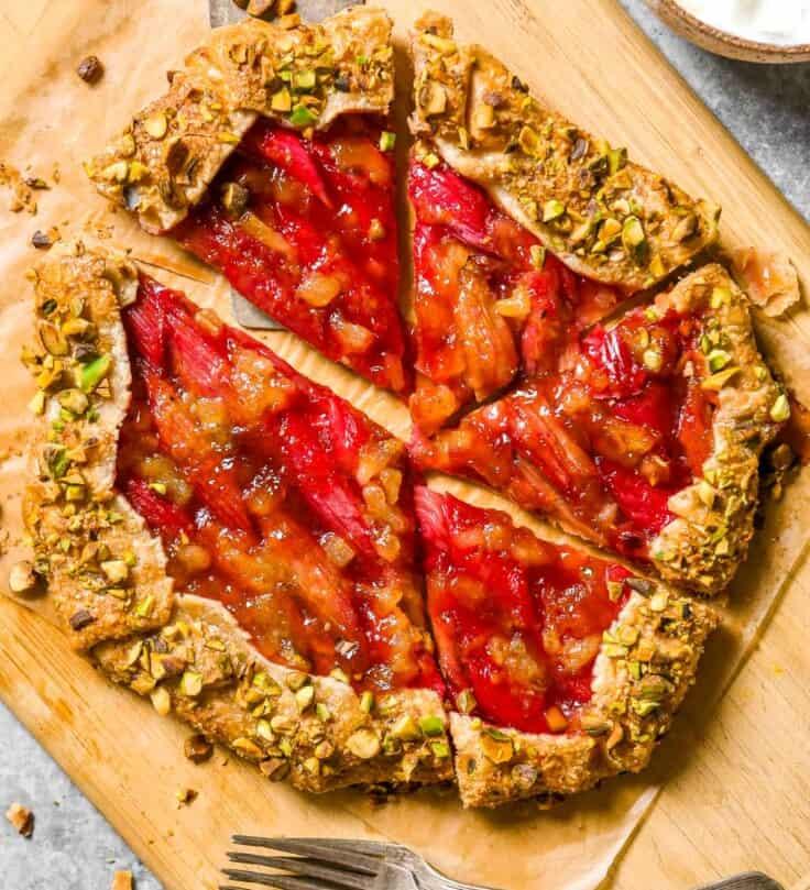 rhubarb pizza bread on a rustic wooden board