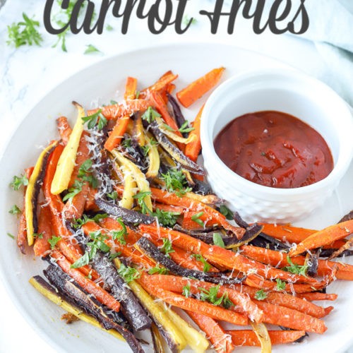Blackberry Sage Carrot Fries on a wooden board
