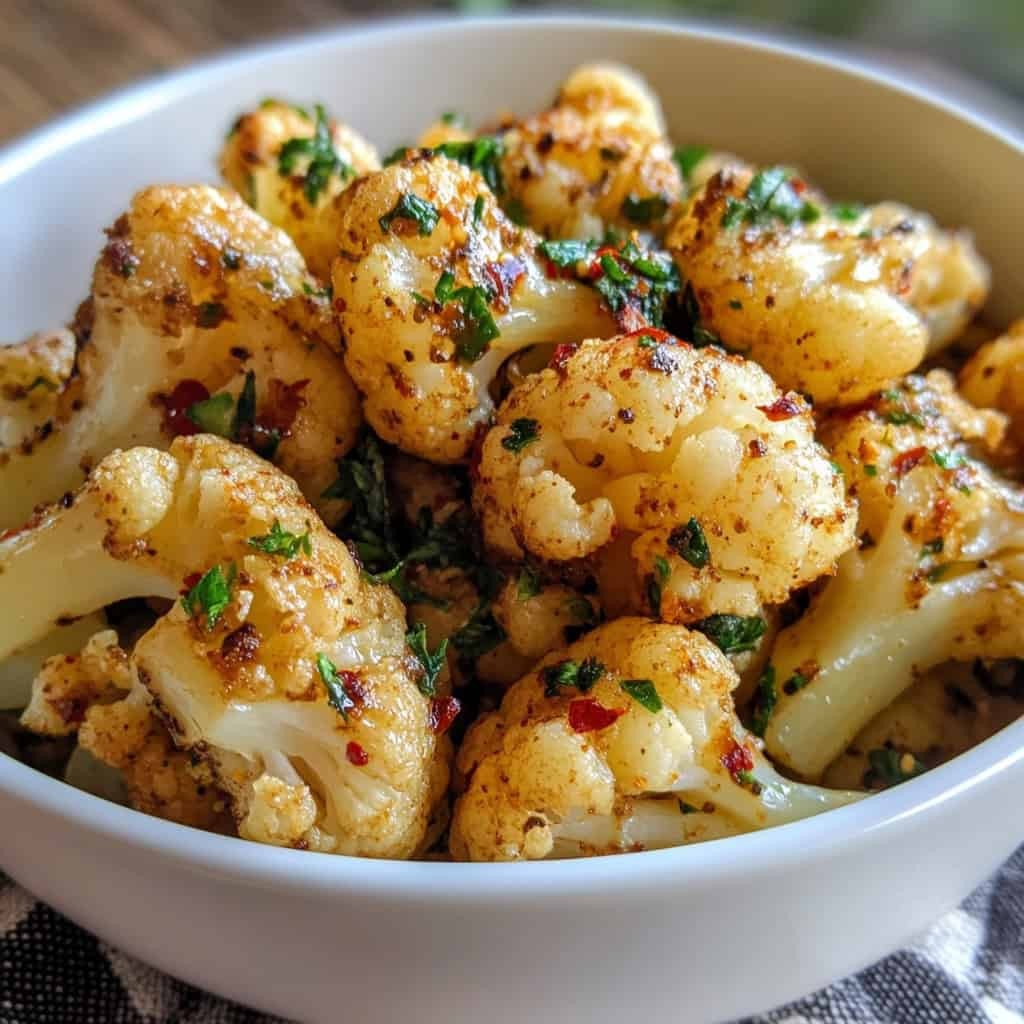 Close-up of golden brown garlic roasted cauliflower florets on a baking sheet, fresh herbs scattered