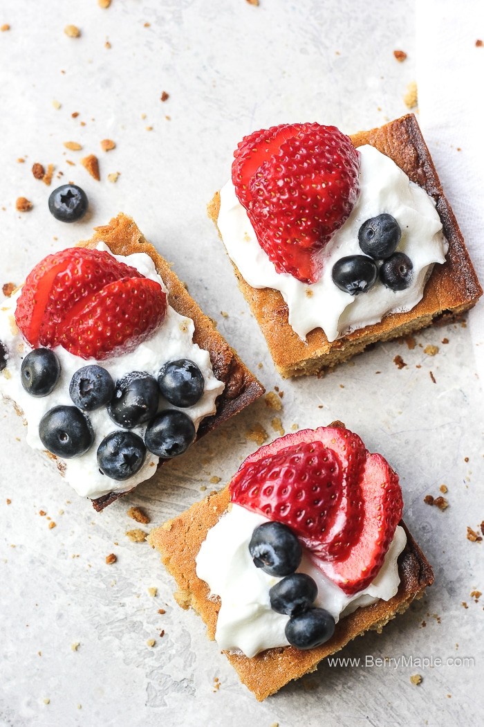 Memorial Day blondie bars topped with fresh berries