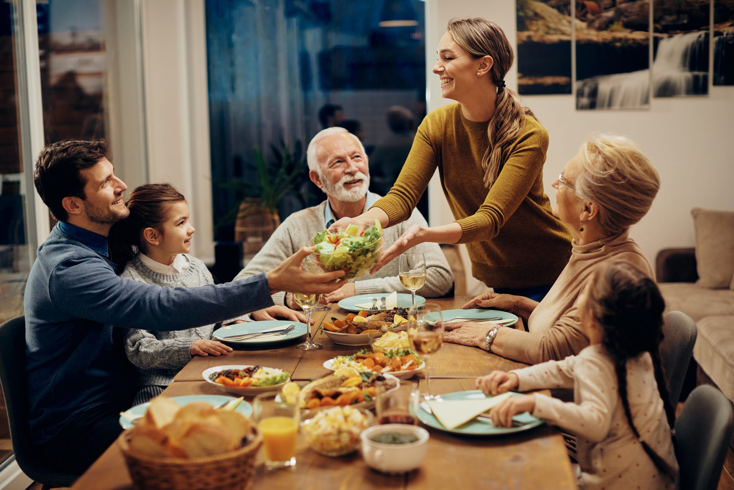 family eating dinner together at home