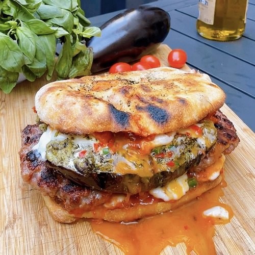 Eggplant Parmesan BBQ Sliders topped with Basil Pesto