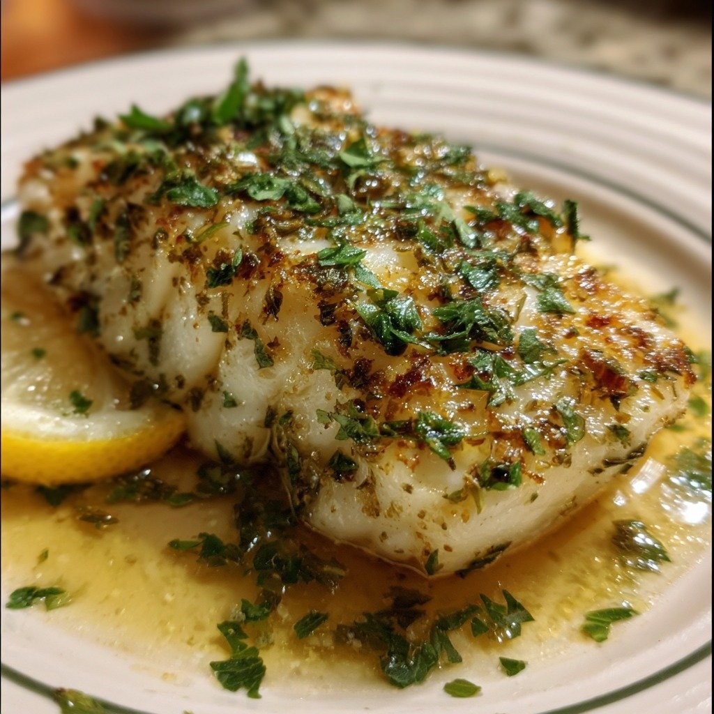 beautifully baked cod fillet with lemon slices and fresh parsley, close-up, golden brown
