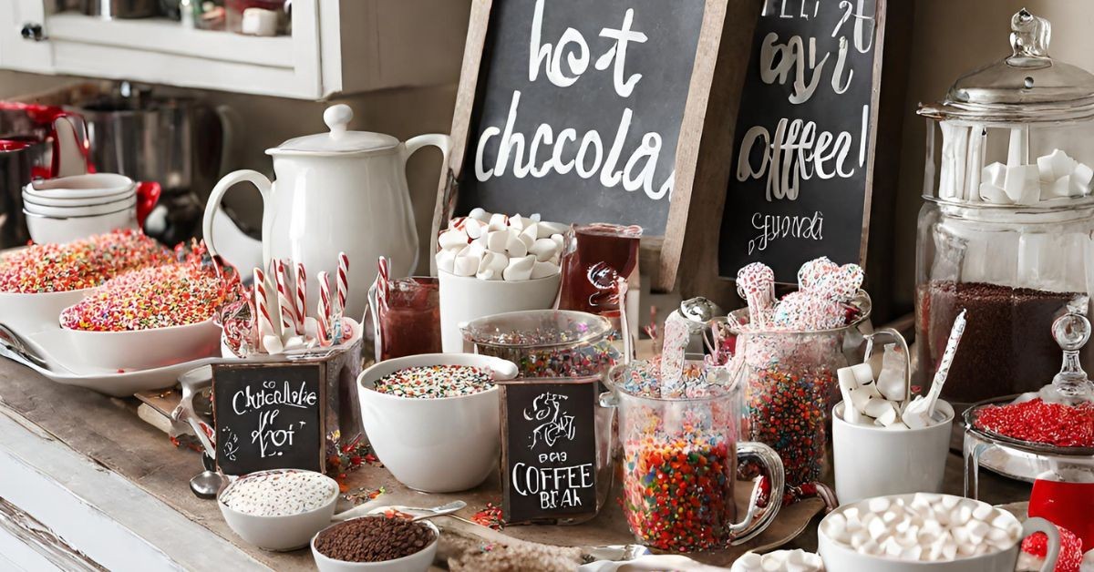 Gourmet hot chocolate bar with rich marshmallow swirl and toppings, cozy winter scene