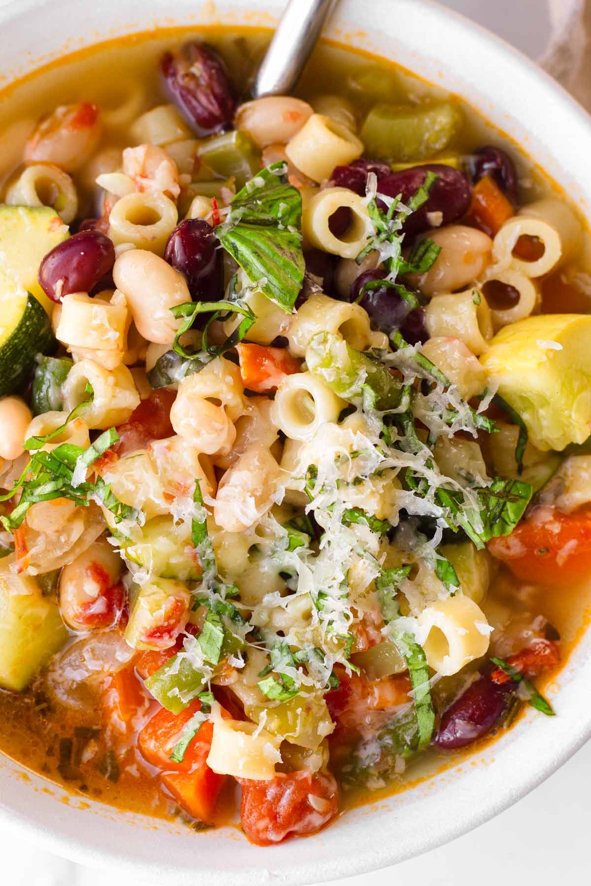 bowl of vibrant Italian summer minestrone soup