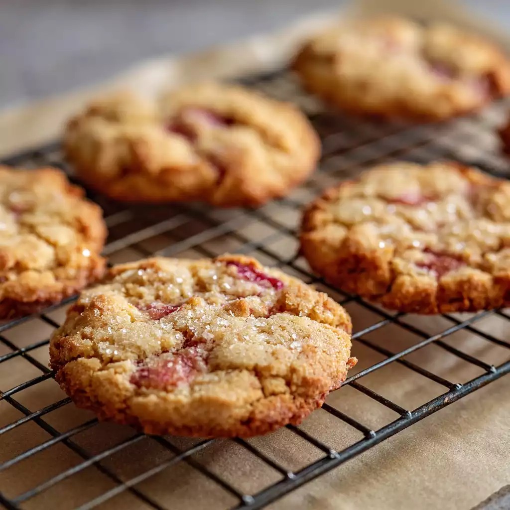 close up of sesame seed rhubarb sprinkle cookies on a cooling rack