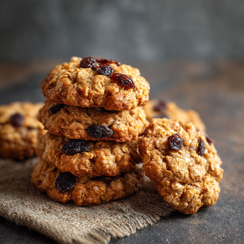 Close-up of a stack of warm, chewy oatmeal raisin cookies on a rustic wooden board, with raisins visible