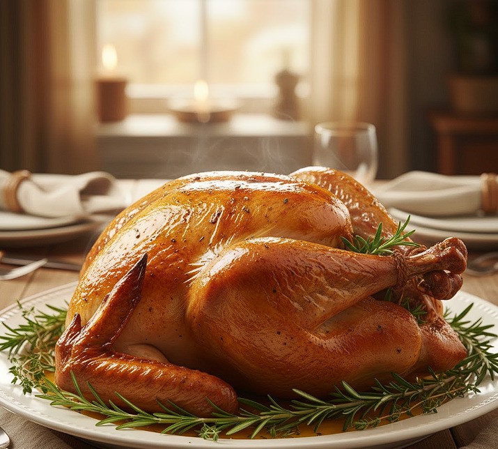 Whole roasted turkey with golden crackling skin, butter dripping, fresh herbs, rustic background