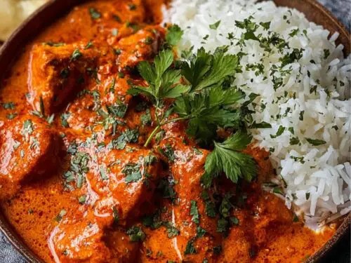 A close-up shot of creamy, slow-simmered butter chicken served in an elegant bowl with fresh cilantro and naan bread on the side, soft lighting