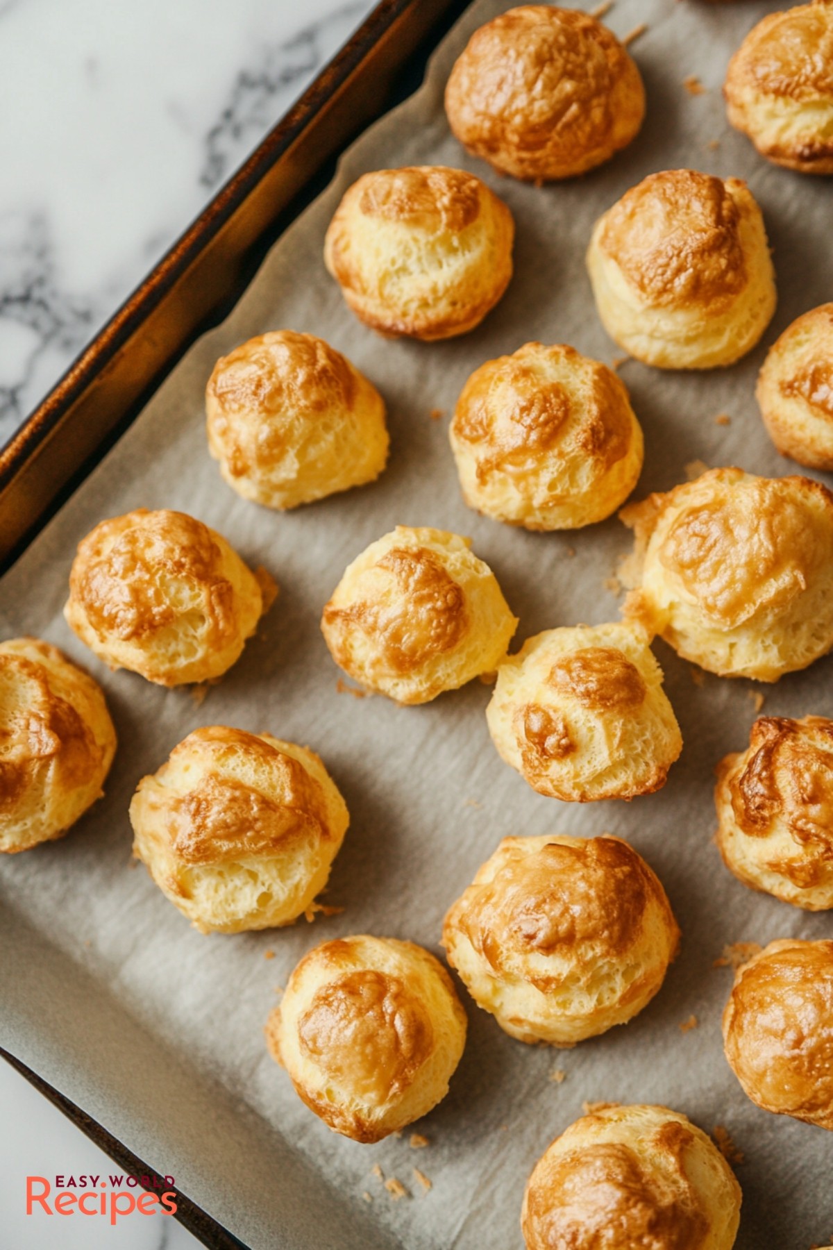 Golden brown savory cheese puffs on a parchment-lined baking sheet, close-up, light and airy texture