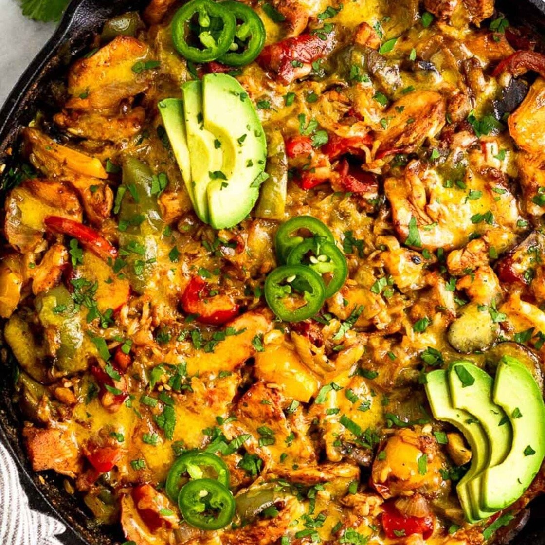 overhead shot of chicken fajita casserole with melted cheese
