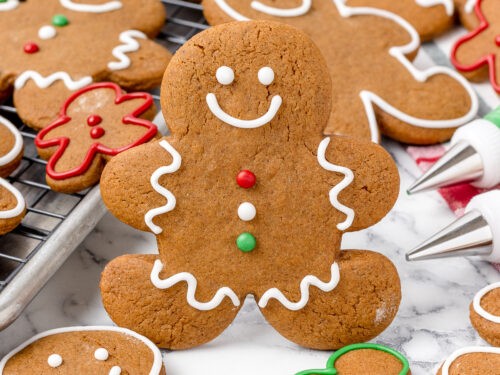 Warm iced ginger cookies on a cooling rack, close up, rustic kitchen background