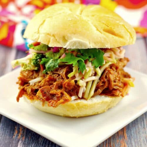 A warm, inviting bowl of shredded pulled pork, garnished with fresh herbs, a side of coleslaw, and buns, with a slow cooker subtly blurred in the background.