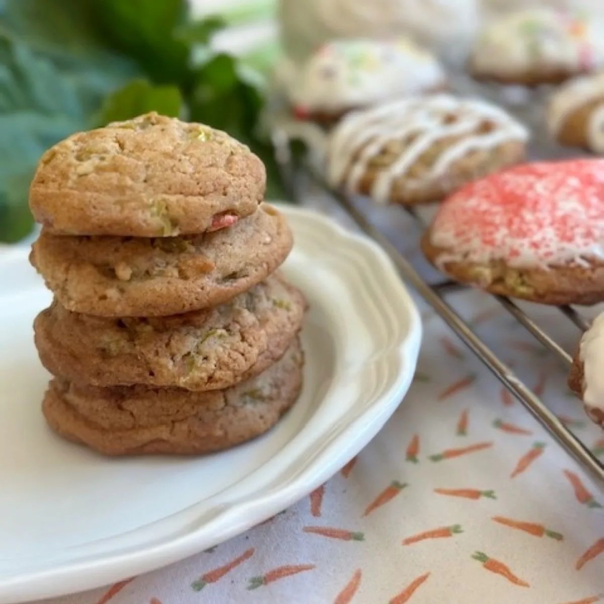Rhubarb Teff Cookies on a plate, rustic setting