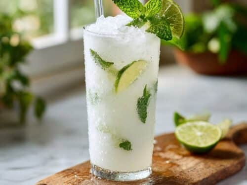 Vibrant coconut mojito in a festive glass with holiday decorations, tropical background