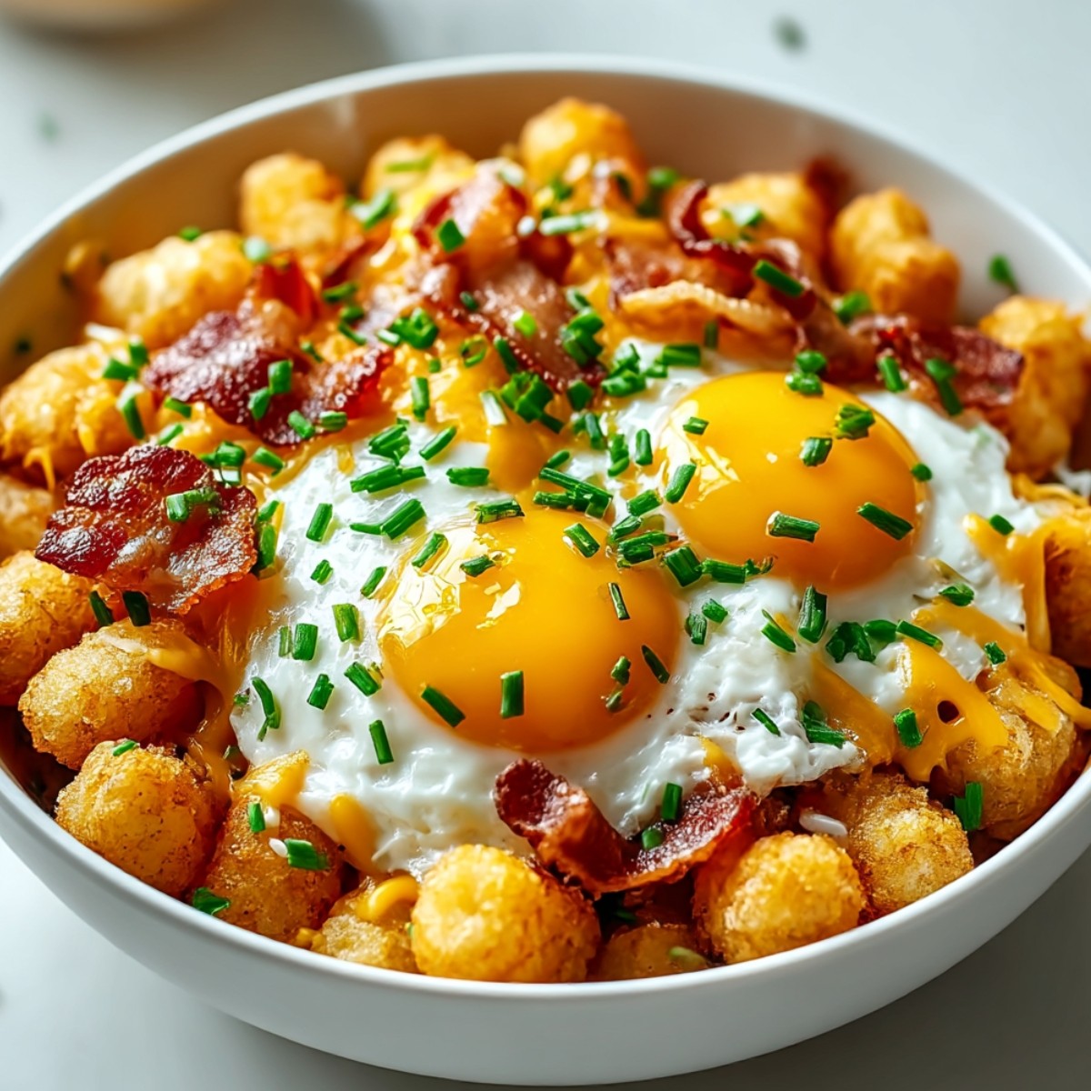 vibrant, close-up shot of a crispy tater tot breakfast bowl, perfectly golden tater tots, melted cheese, fluffy scrambled eggs, and crumbled bacon, garnished with chives, in a rustic ceramic bowl on a wooden table, natural light