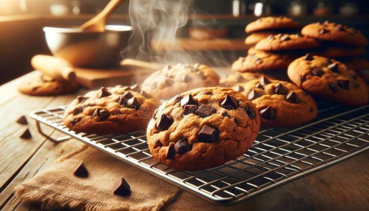 warm, gooey chocolate chip cookies on a cooling rack, steam rising, close-up