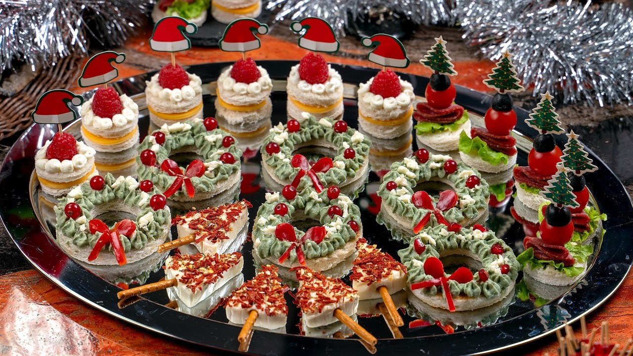 Elegant holiday appetizer platter, diverse and festive with puff pastry bites