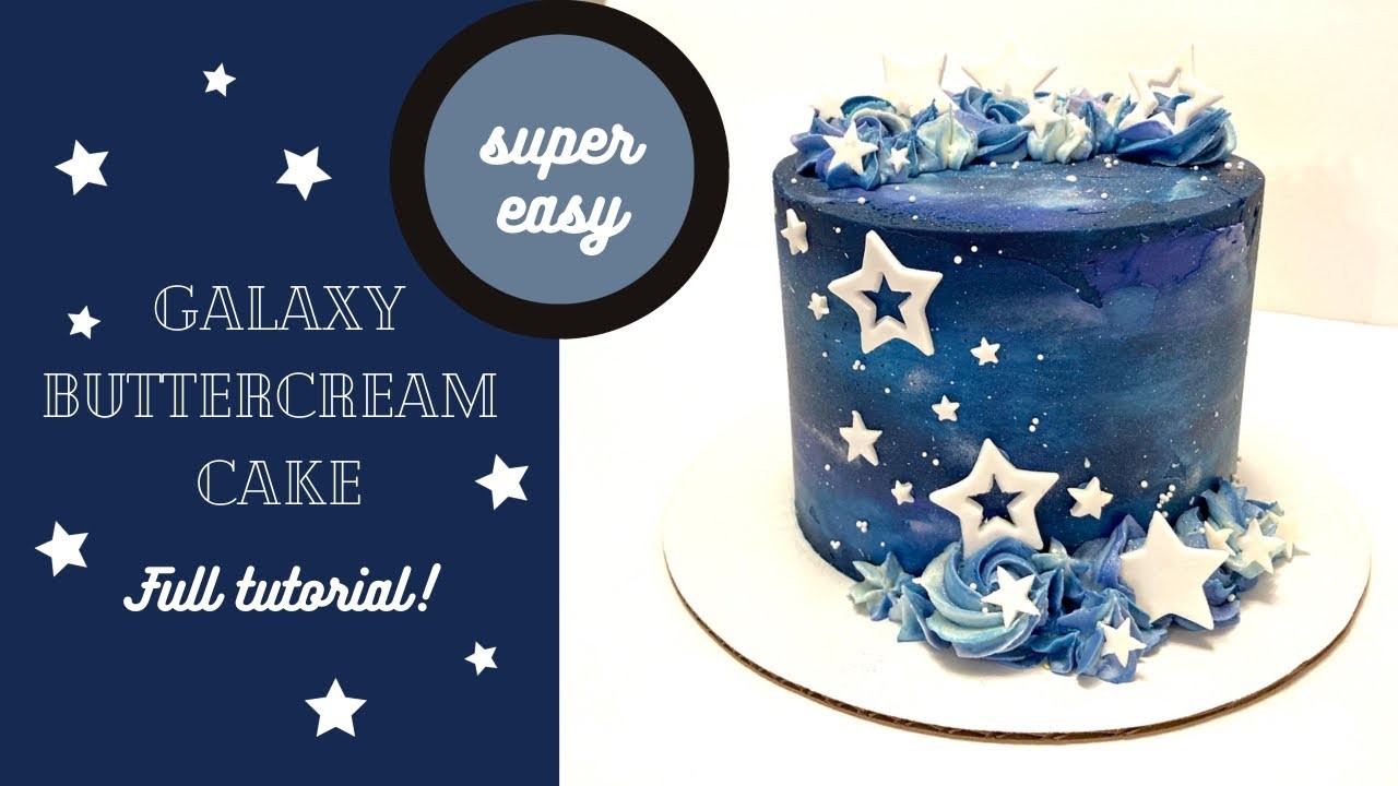 A beautifully decorated multi-layered cake with galaxy-themed decorations