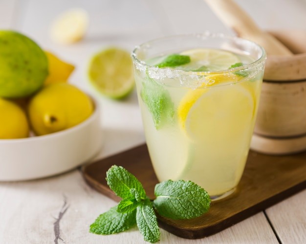 close up of a glass of lemonade with lemon slices and mint