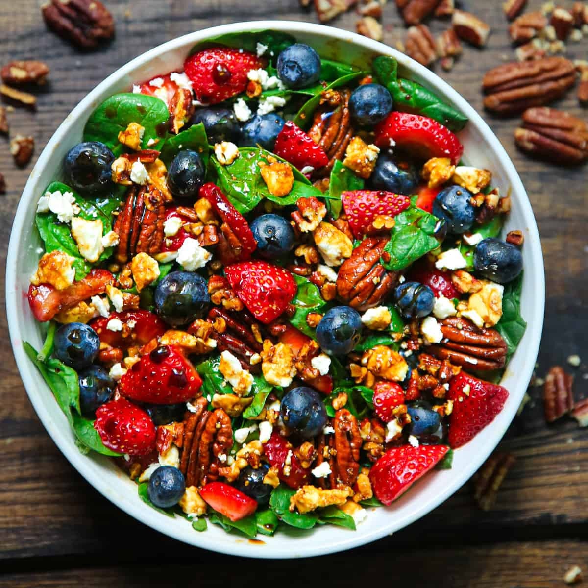 colorful strawberry feta salad with balsamic glaze