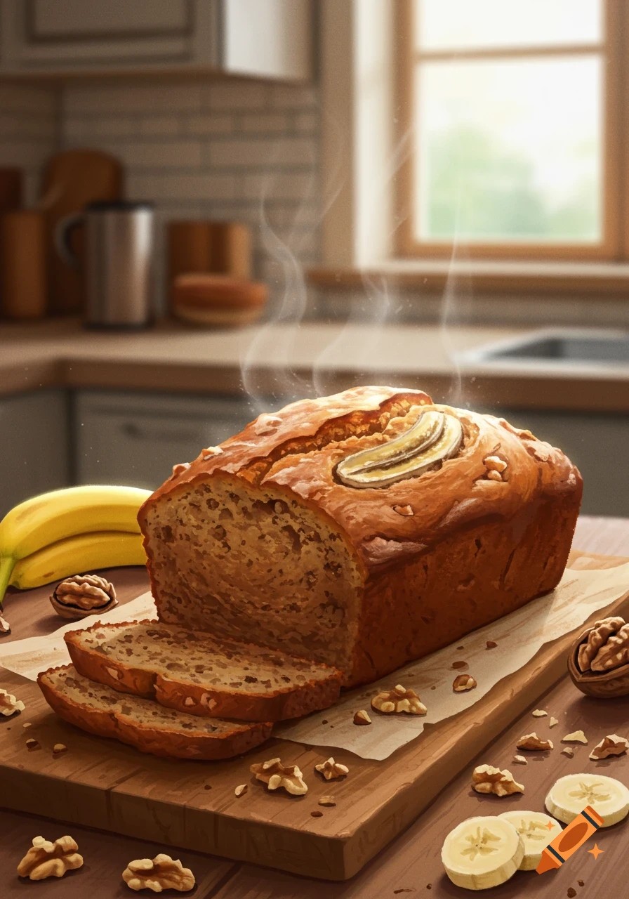 freshly baked banana spice sugar bread loaf on a wooden cutting board with a slice cut out, steaming gently, cozy kitchen background