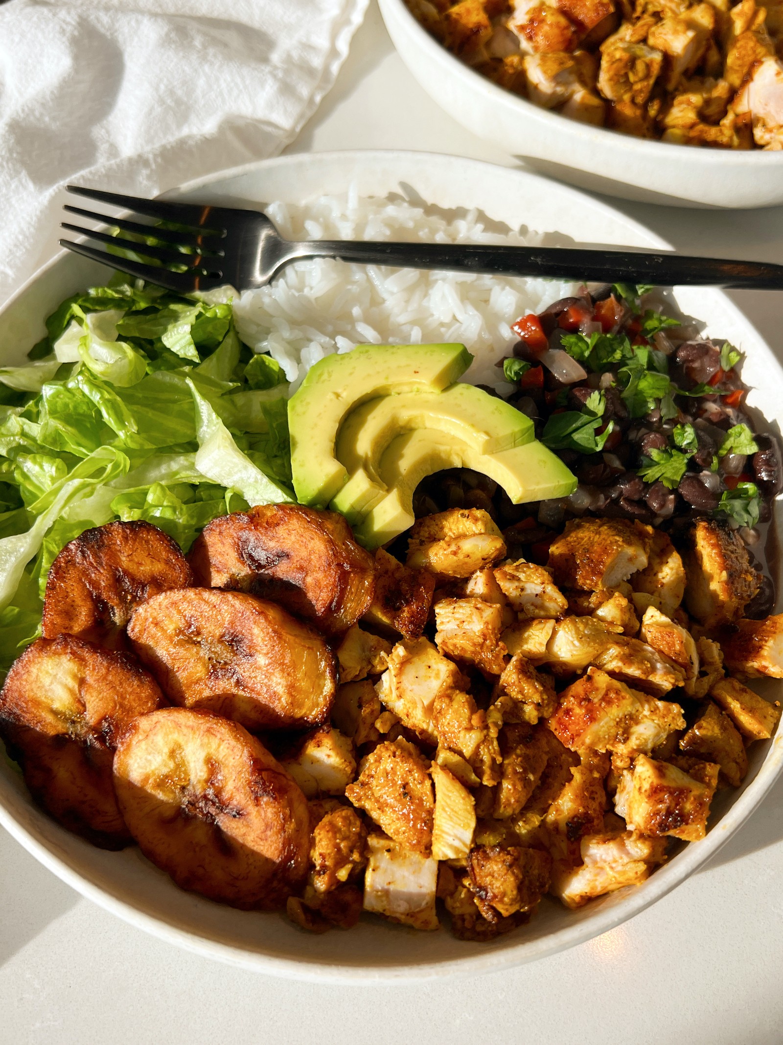 Cuban chicken stir-fry with black beans and plantains served in a colorful bowl