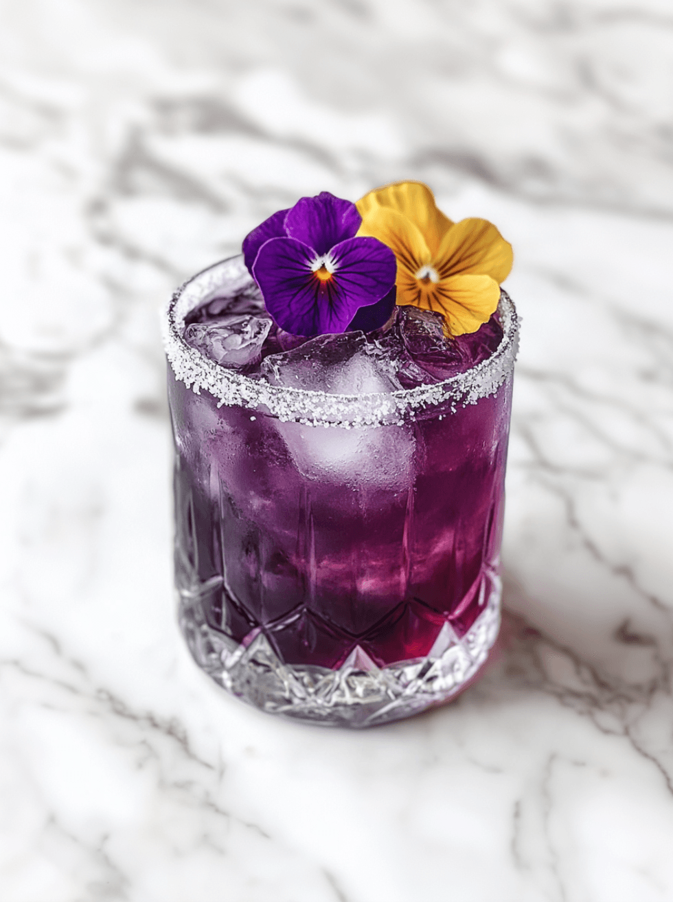 a vibrant purple drink with fresh berries and edible flowers