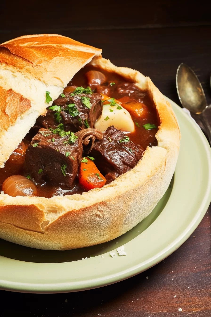 Close-up of a steaming bowl of chili-garlic beef stew with crusty bread