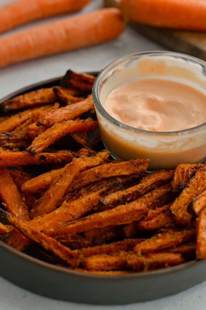 air fryer carrot fries with spicy peanut sauce