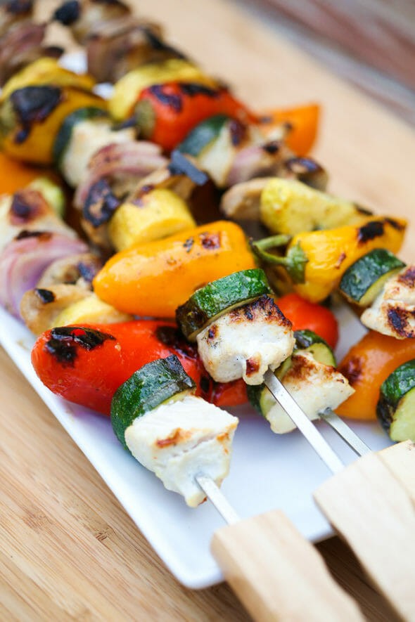 colorful grilled chicken and vegetable skewers