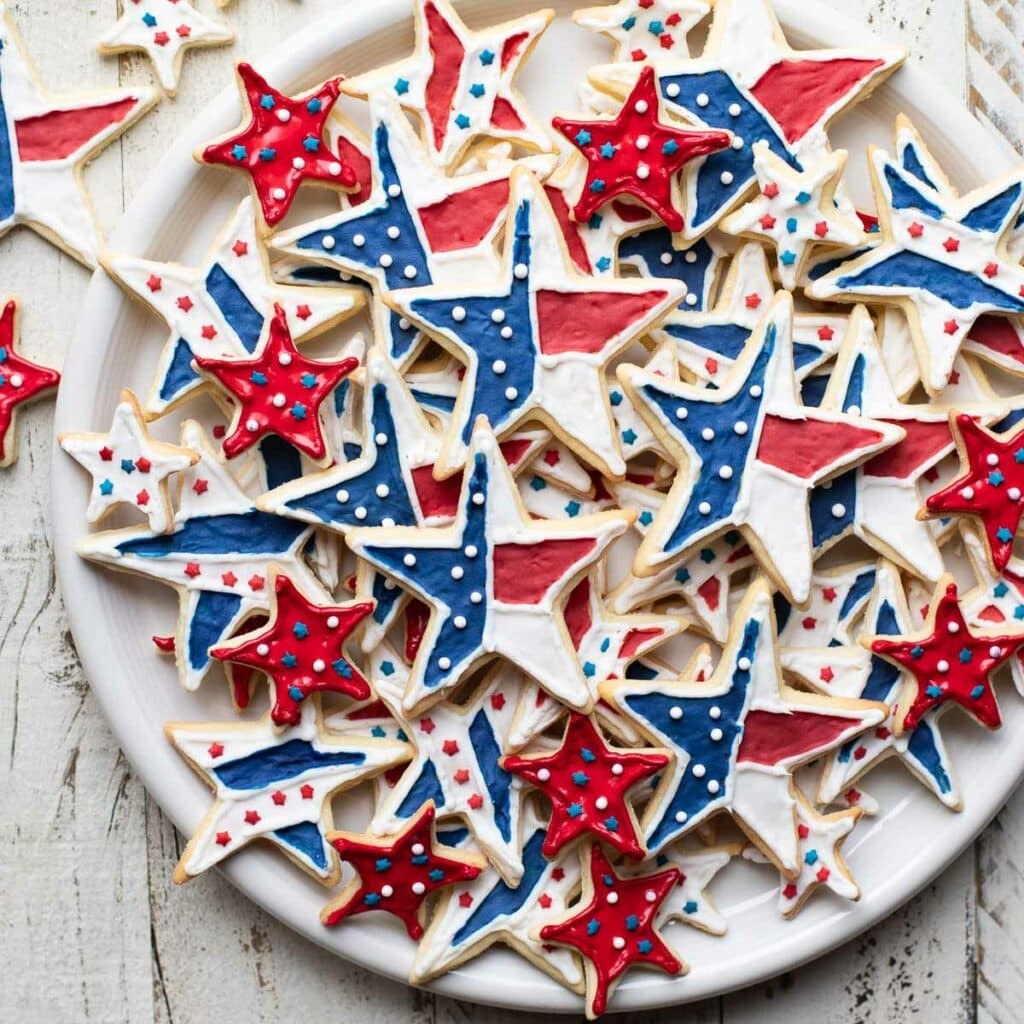 patriotic star cookies decorated with red white and blue sprinkles