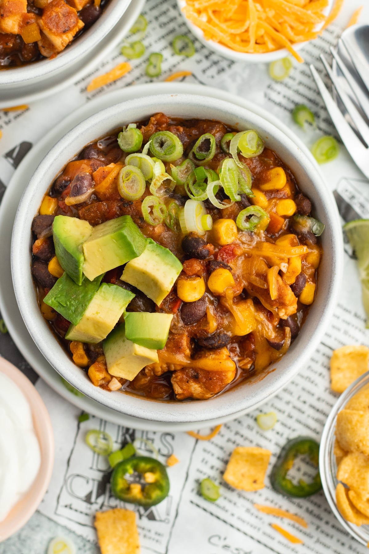 bowl of white chicken chili with black beans and corn