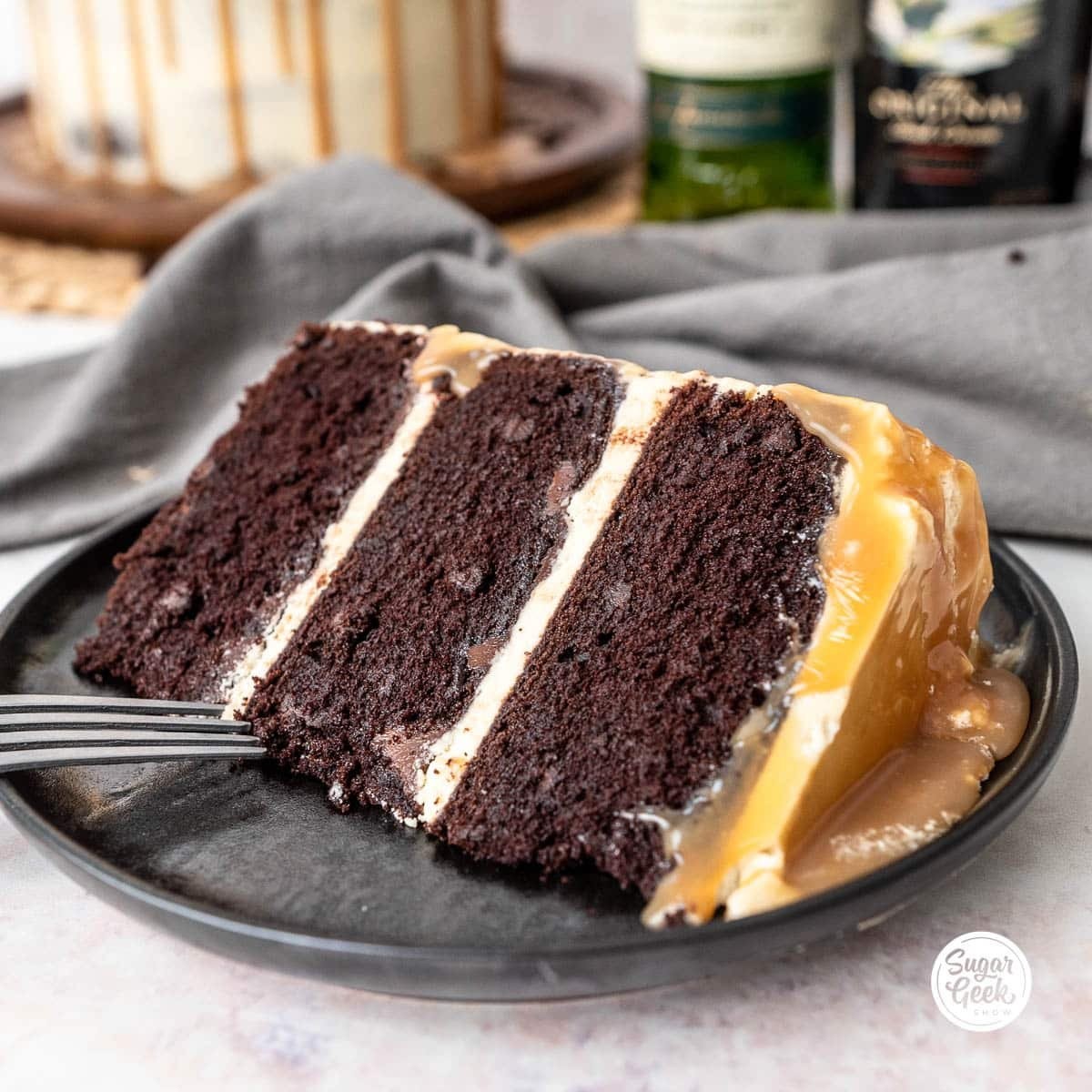 slice of chocolate cake with irish cream frosting and coffee beans