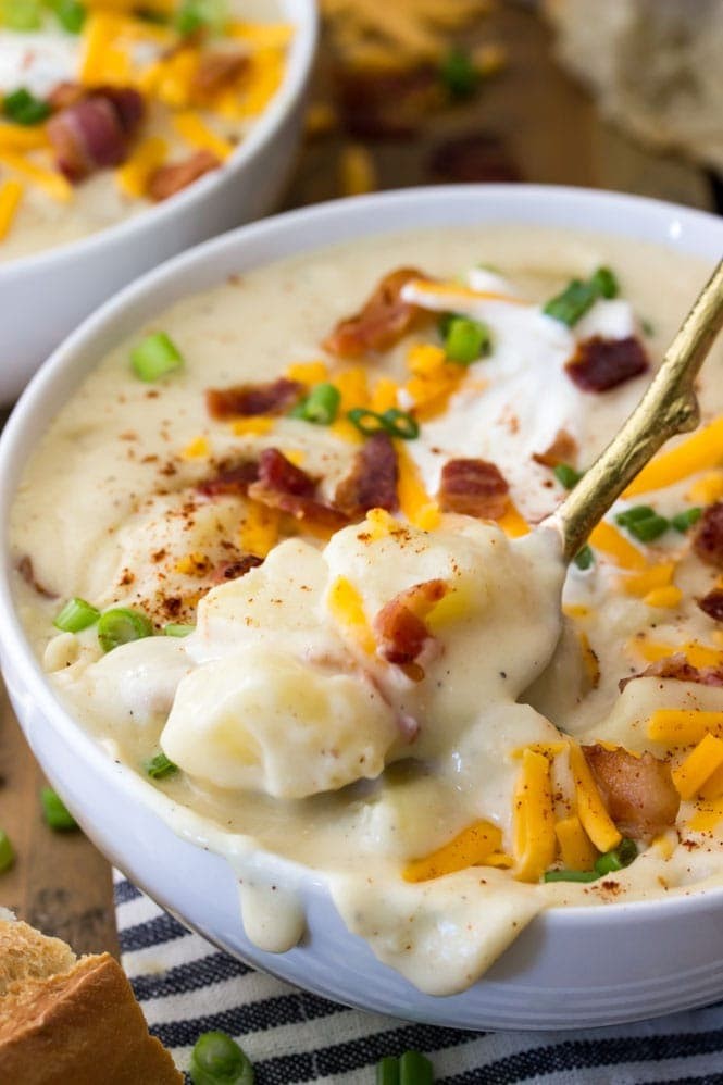 creamy potato soup topped with bacon and cheese