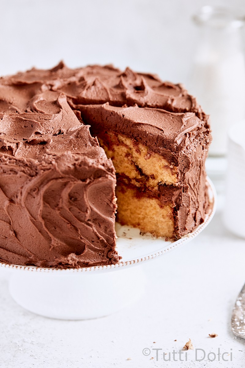 vanilla cake with nutella swirl frosting and sprinkles