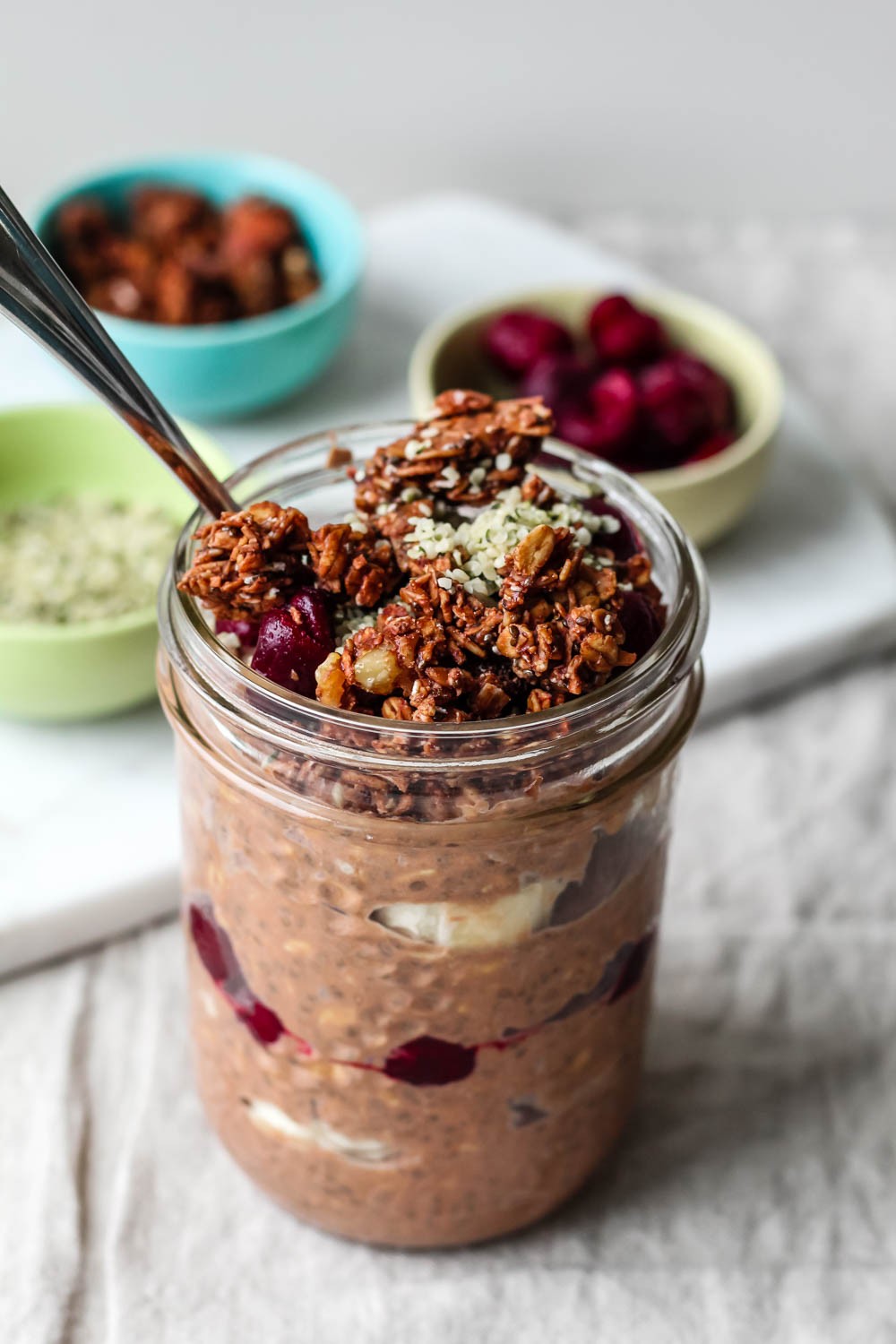 mocha overnight oats in a glass jar