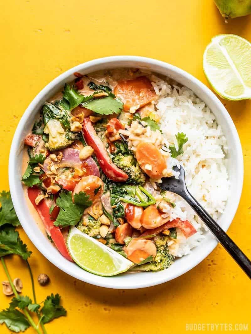 colorful curried coconut stir-fry in a bowl