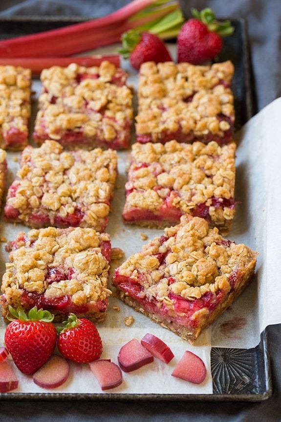 colorful rhubarb bars with a crumb topping