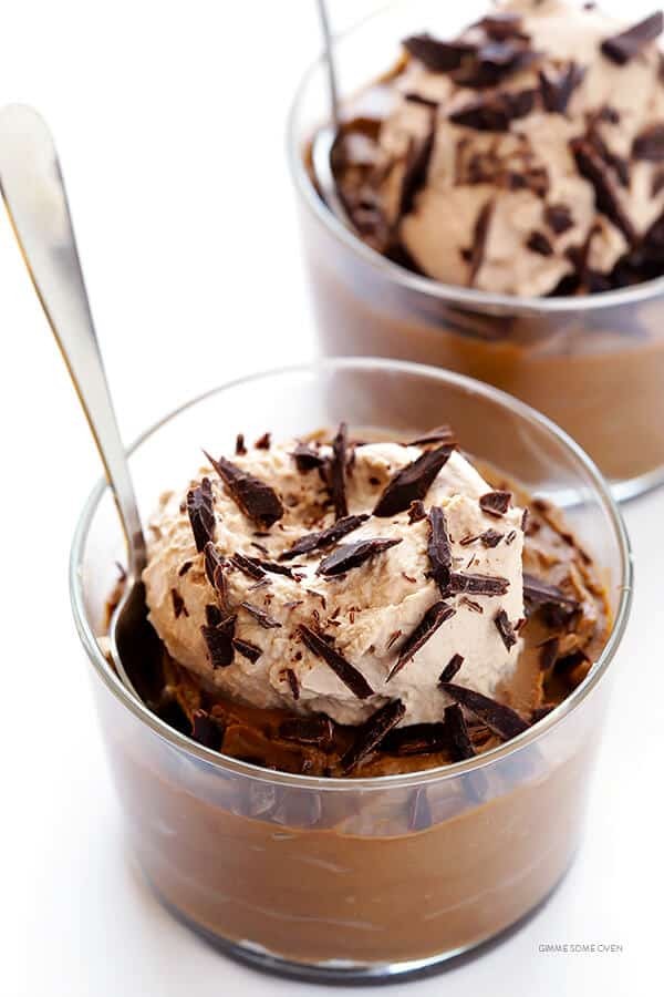 close-up shot of dark chocolate avocado mousse in a glass dish