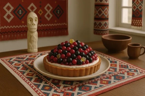 lingonberry and vanilla tart on a wooden table with berries scattered around