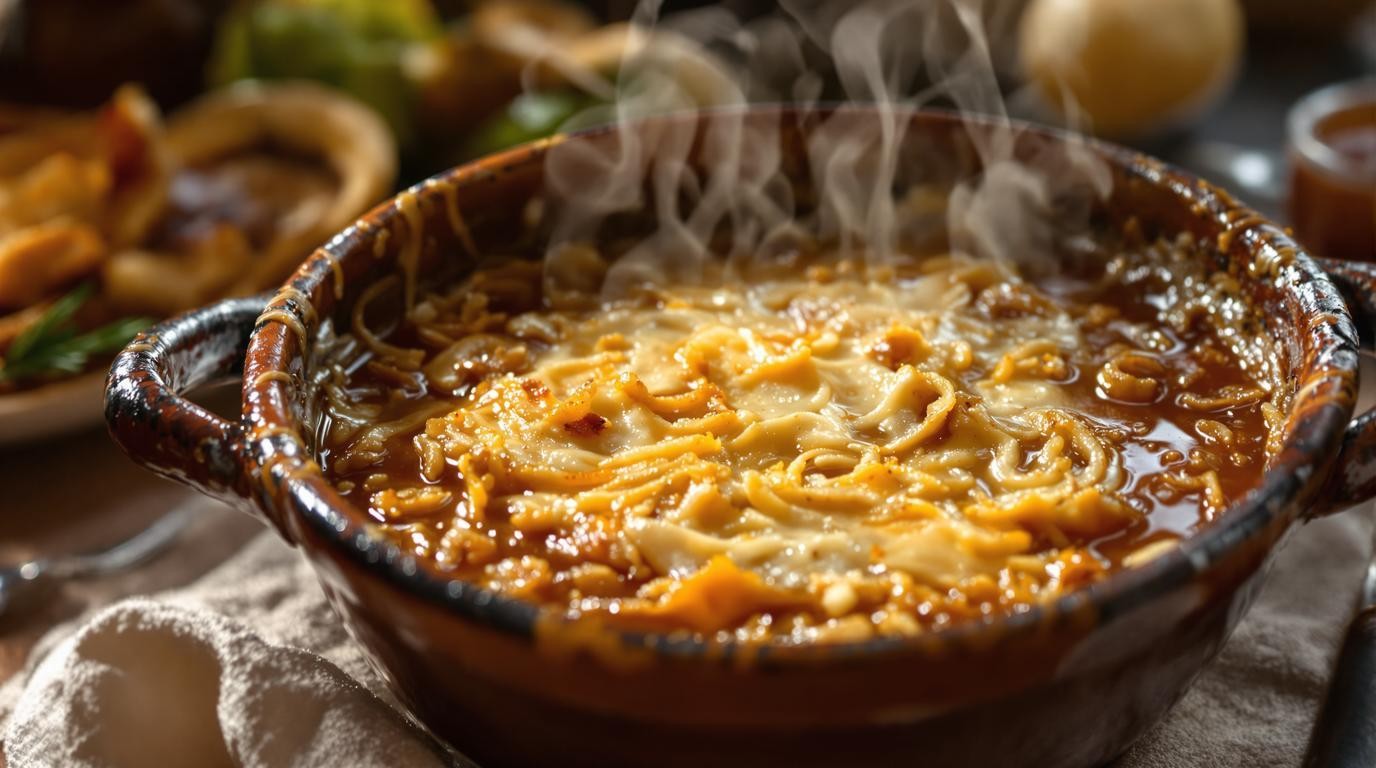 Rustic cast iron pot of deeply caramelized onions simmering for soup